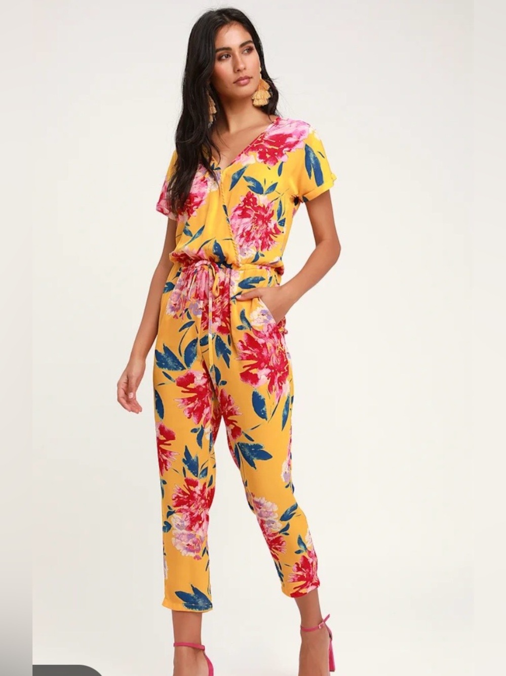 Lulus Successful Statice Mustard Yellow Floral Print Jumpsuit Size Large
